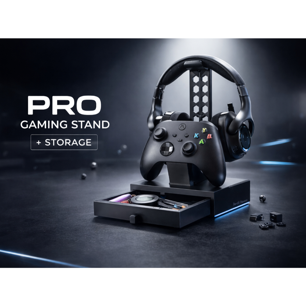 ชั้นวางเกมมัลติฟังก์ชั่น 3-in-1 - ที่วางหูฟังและตัวควบคุม PS5/Xbox/Switch - พร้อมลิ้นชักอุปกรณ์เสริม - Tech Nest