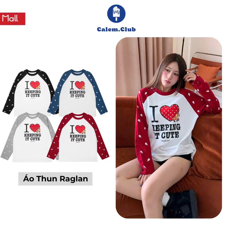 Calem Club- Raglan Keeping It เสื้อยืดแขนยาวน่ารักทรงหลวมสําหรับผู้ชายและผู้หญิงผ้าฝ้าย 230gsm เย็น ราคา ถูกที่สุด ดีลบีเคเค
