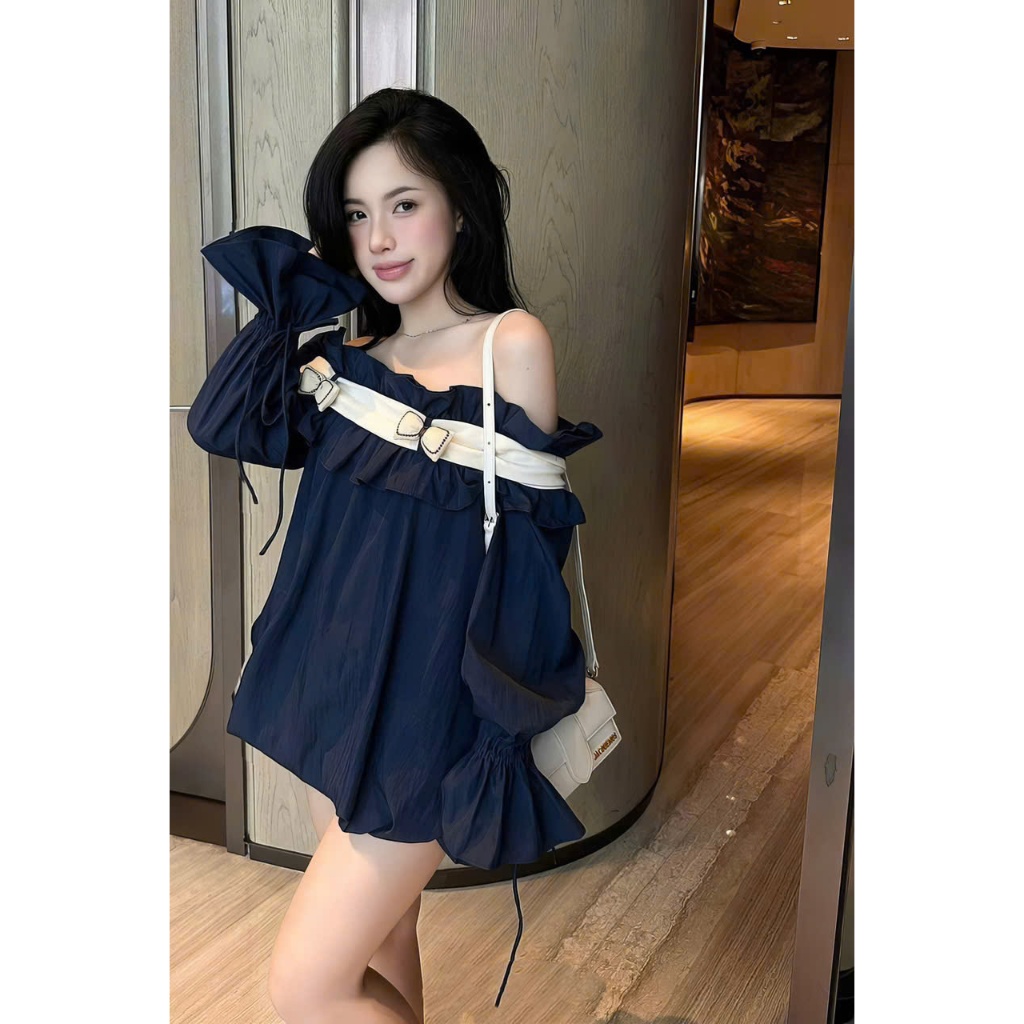 D65 BIGSIZE BLUE BABYDOLL DRESS พร้อมโบว์สีขาว