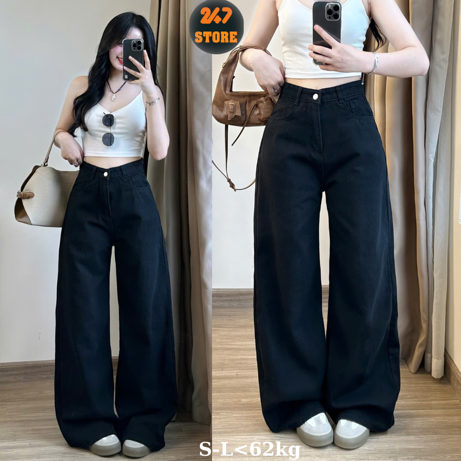 กางเกงยีนส์ขากว้างสีดํากางเกงยีนส์ขากว้างนุ่ม 247STORE Quanjean8064_P13K7