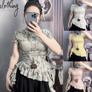 (SẴN HÀNG- Xs-3xl) ÁO CỔ TRÒN BÈO- Tay ngắn, chất ríp lụa mịn có nhún eo, phối  bèo, bacsic dễ mặc