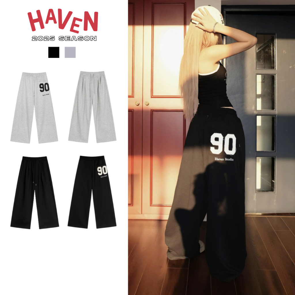 Haven Studio Mens and Womens Loose Format Sports Low-Waist Hack Waist กางเกงปัก No. 90