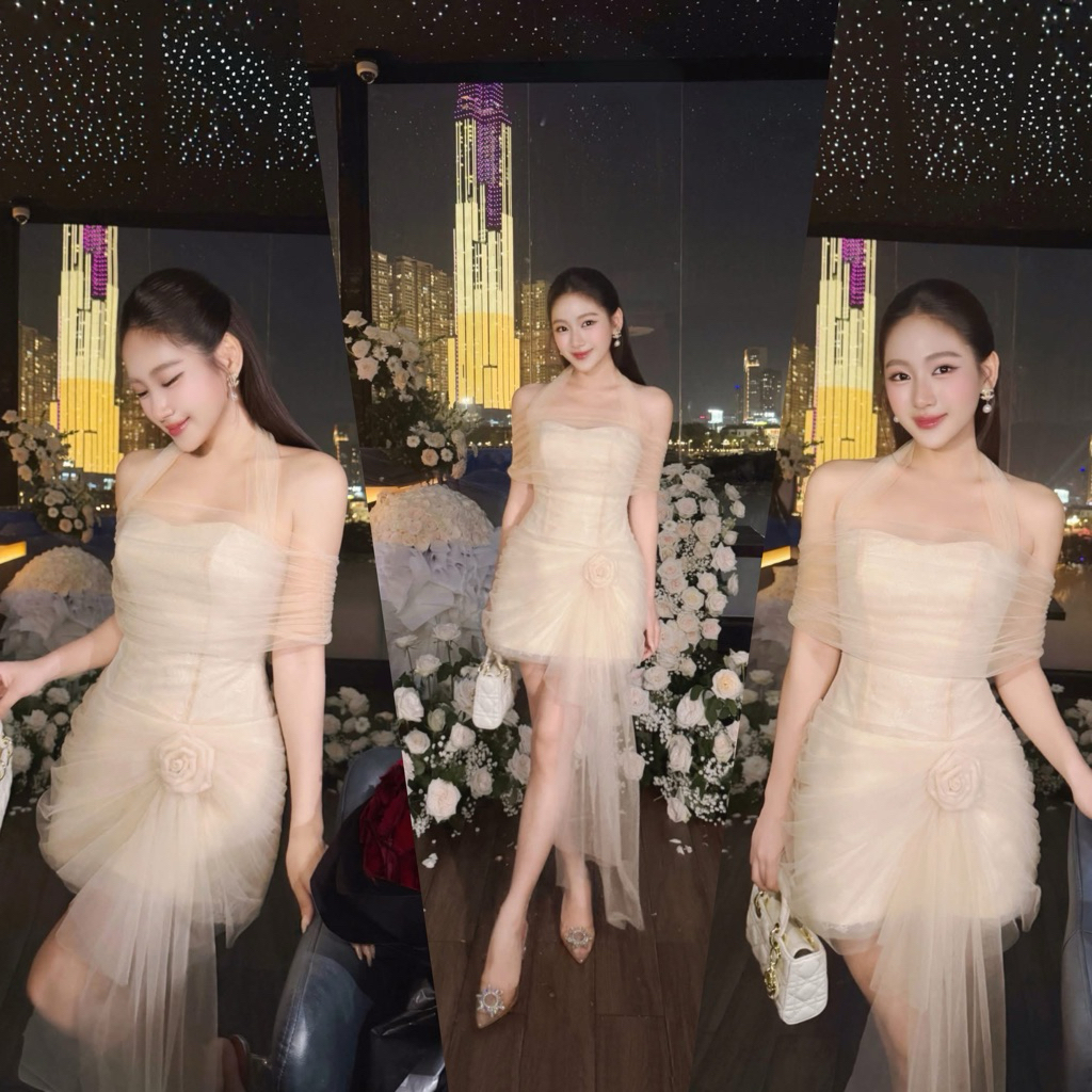 CHAMPANGE CREAM MESH CORSET DRESS<size SM & ภาพถ่ายจริง>