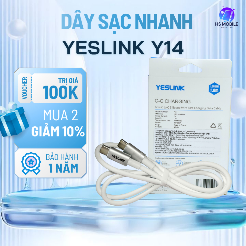 สายชาร์จ Yeslink Y14 ยาว 2 ม. PD ชาร์จเร็ว การส่งข้อมูลที่เสถียรและทนทาน