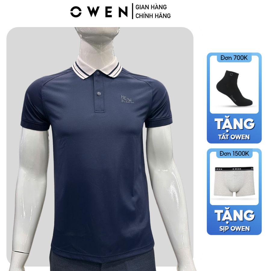 OWEN APV เสื้อโปโลผู้ชายแขนสั้นคอปก253647 สีน้ําเงินเข้มคอฟิตตัว ผ้าคอตตอนนิ่มลดวัย