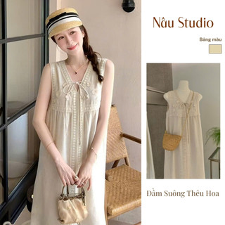 Nâu Studio Đầm Suông Dài Phối Ren Thêu Hoa Vintage Chất Vải Mềm Mại, Thoáng Mát, Rủ Tự Nhiên.