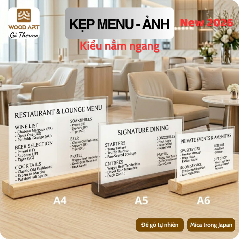 เมนูขาตั้งไม้ธรรมชาติโปร่งใส Mica A3 A4 A5 Desk Cafe ร้านอาหารระดับไฮเอนด์