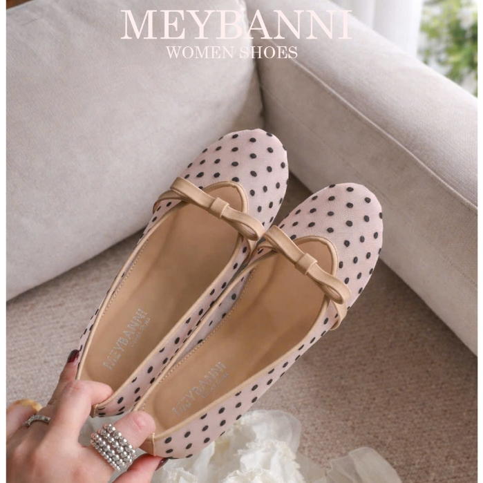 MEYBANNI รองเท้าตุ๊กตา Round Toe Mesh Polka Dot Pattern with Ladys Bow - C512