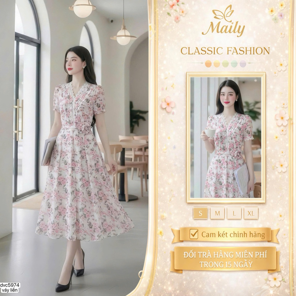 (DELIVER NOW - ชุด DVC ของแท้) DVC5974 เดรสลายดอกไม้คอวีสีชมพูผู้หญิง [Dolce Viva Collection (DVC/AC