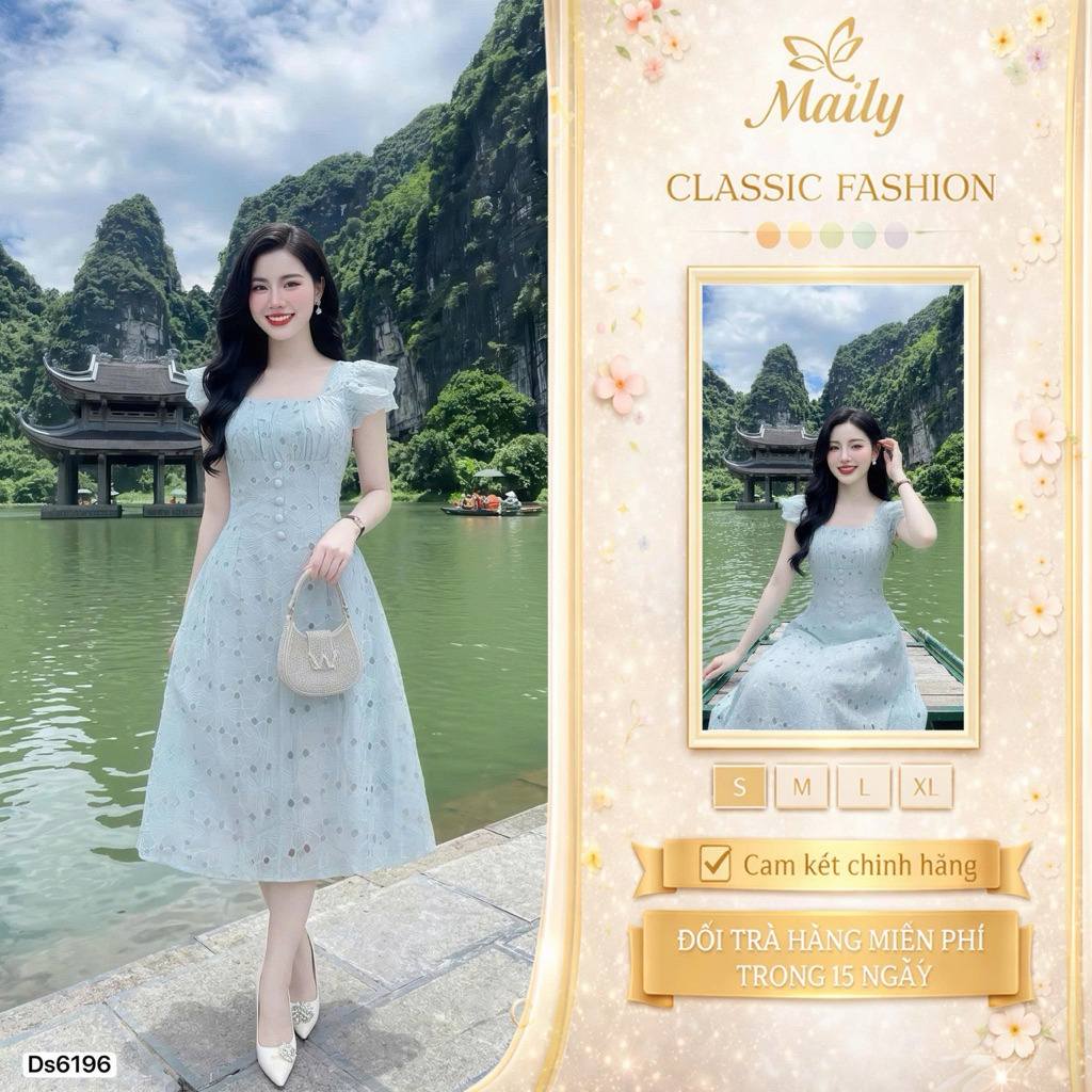 (DELIVER NOW - GENUINE DVC) DS6196 เดรสคอเหลี่ยมแขนพัฟผ้าพรุนหยาบปักสวยสําหรับออกไปข้างนอก