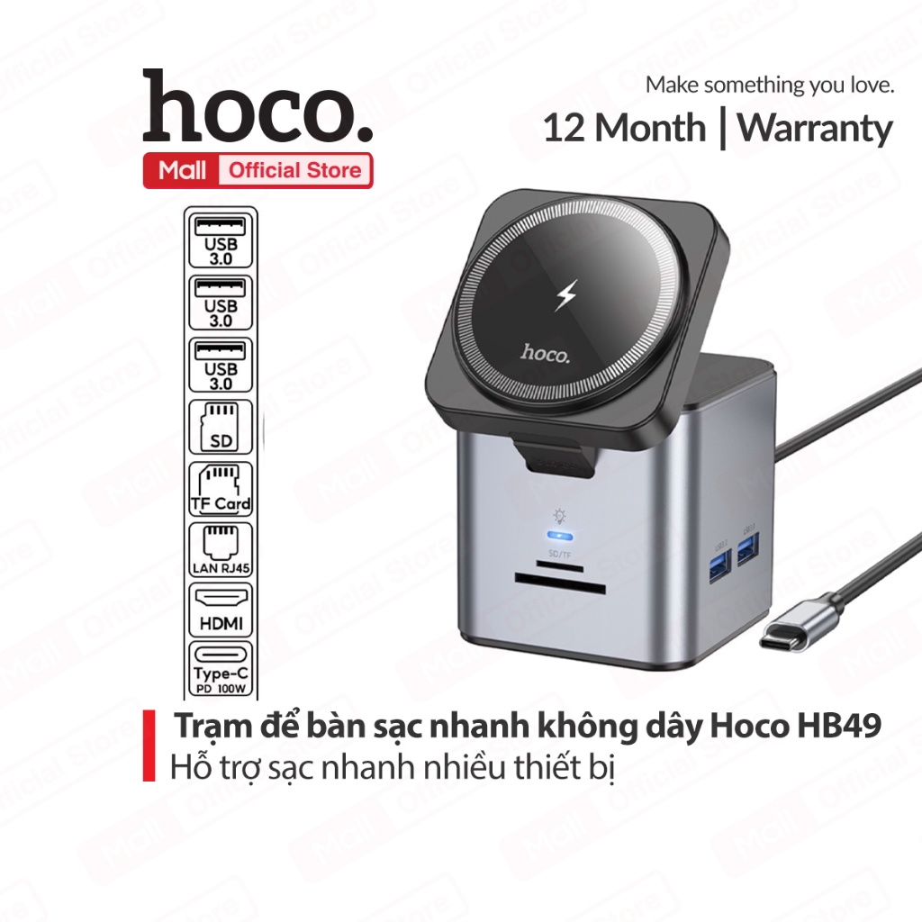Hoco HB49 9in1 Wireless fast charging desktop station HDTV + PD + USB3.0x3 + SD + TF + RJ45 + magnet