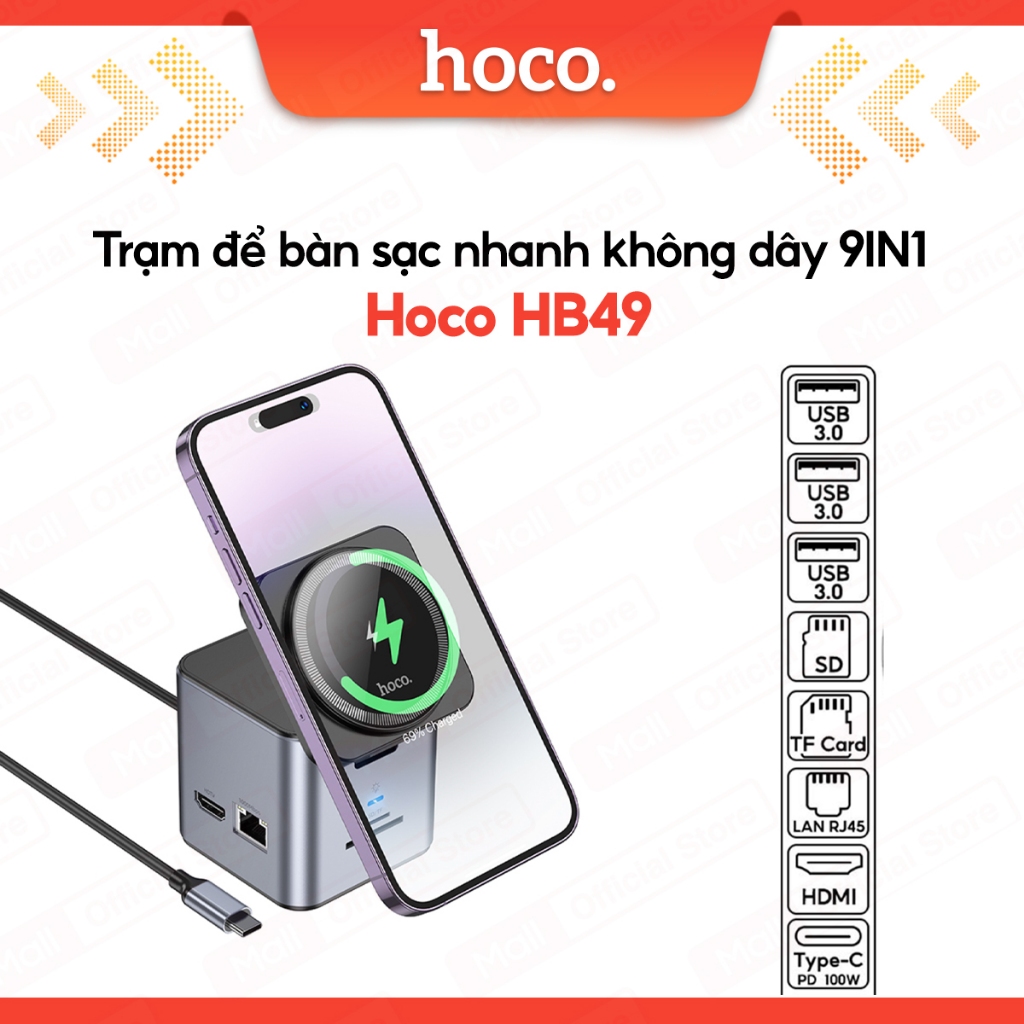 Hoco HB49 9in1 ไร้สายชาร์จเร็วสถานีเดสก์ท็อปแม่เหล็กชาร์จไร้สาย+HDTV + PD + USB3.0x3 + SD + TF + RJ4