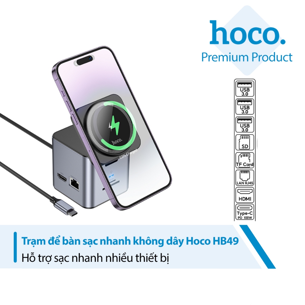 Hoco HB49 9in1 Wireless fast charging desktop station HDTV + PD + USB3.0x3 + SD + TF + RJ45 + magnet