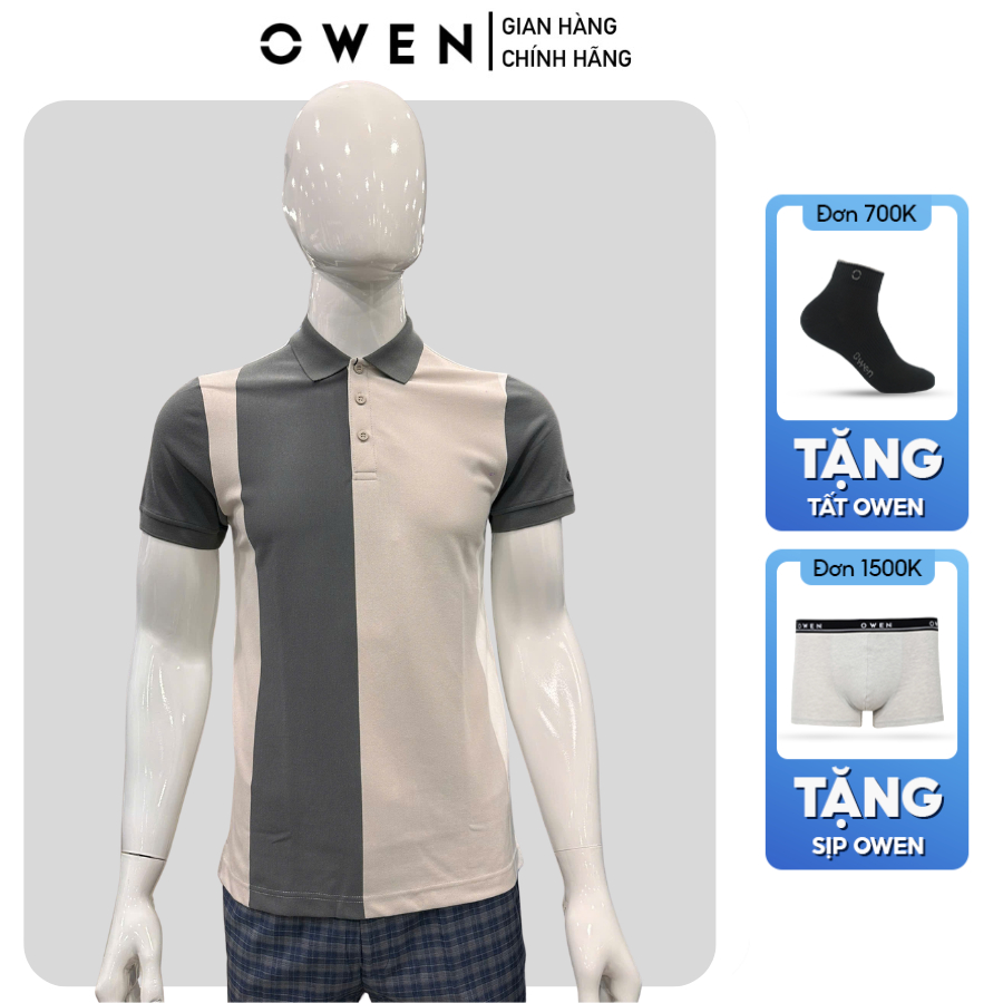OWEN APV เสื้อโปโลผู้ชายแขนสั้นคอปก253632 บอดี้ฟิตลายทางสีเทาผ้าคอตตอนนิ่มลดวัย