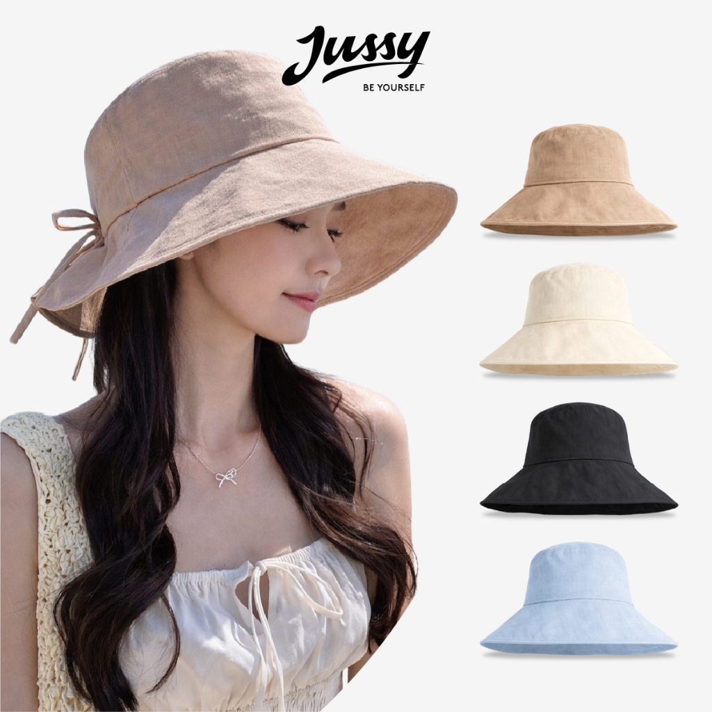 JB31 Jussy Official Wide Brim Bucket Hat Cute Bow Bucket Hat Sunshade Women Korean Style Soft Cotton