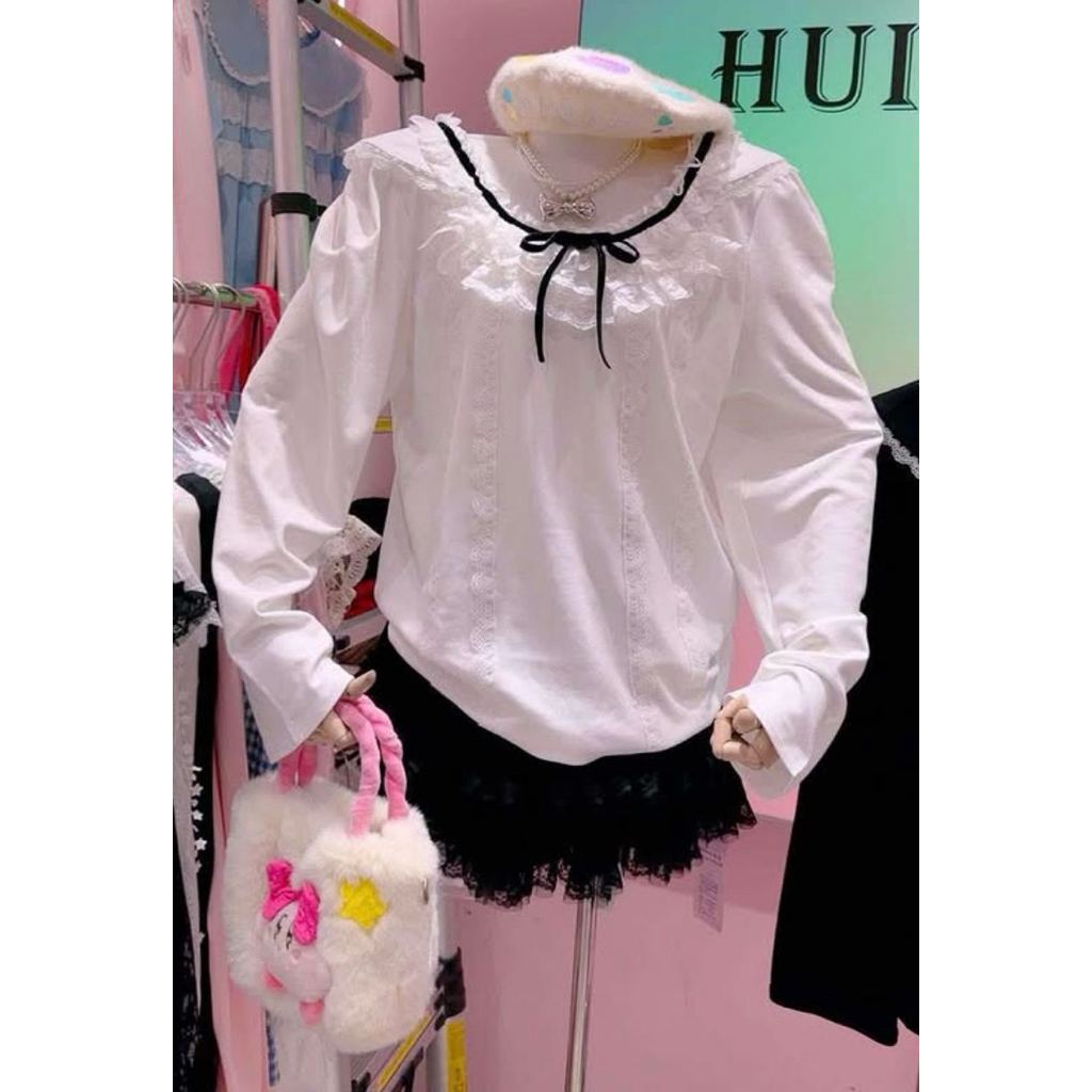 ของแท้ HUI HUI Newtag เสื้อยืดคอปกลูกไม้สีขาว