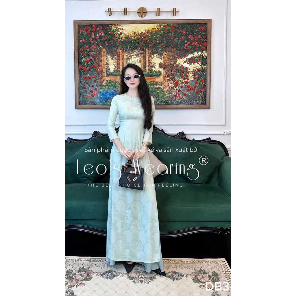 DB3 LEOSWEARING 2-skin cilk ao dai คอกลม แขนครึ่ง และกางเกงผ้าไหมสีน้ําเงิน