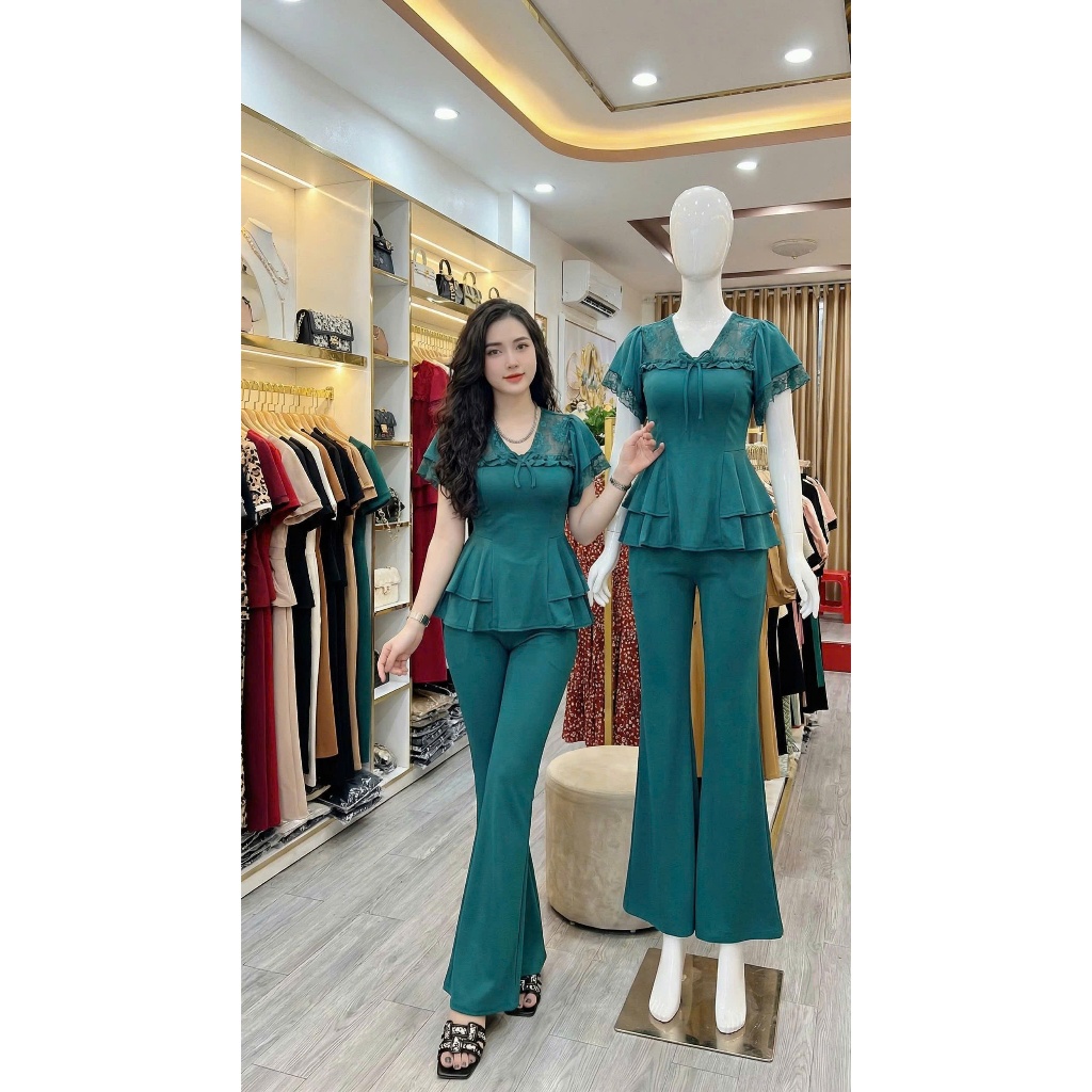 เสื้อลูกไม้คอปก - ชุดกางเกงบาน - รหัส XO67TKI