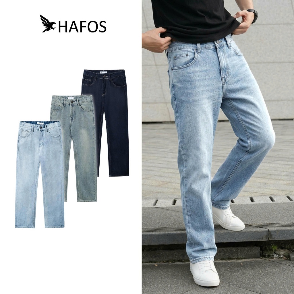 [ LIGHT BLUE JEANS ] HAFOS Mens Straight Leg Jeans Straight Fit Mens Jeans Lightweight Denim Fabric 