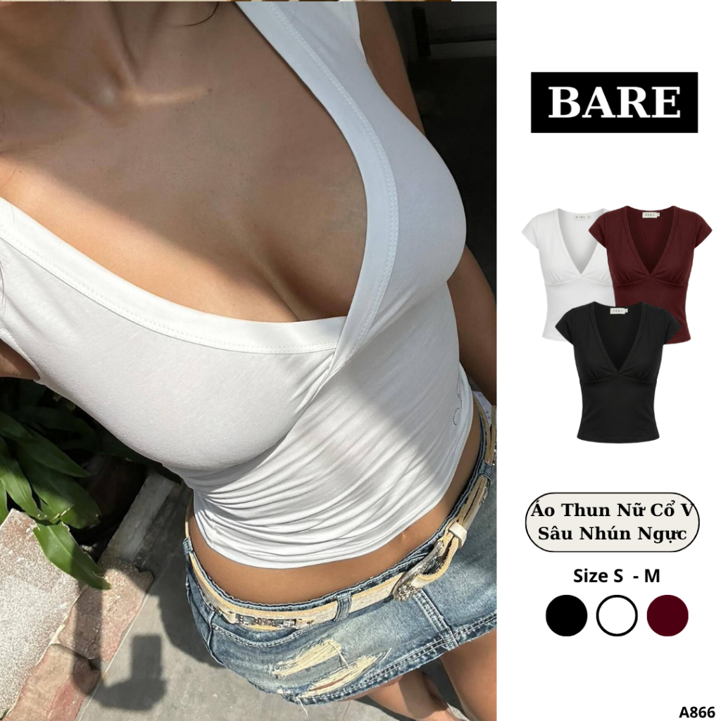 BARE_เสื้อยืดคอเต่าคอวีทรงเข้ารูปสําหรับผู้หญิง,เสื้อยืดคอเต่าเข้ารูปพอดีตัว_A866