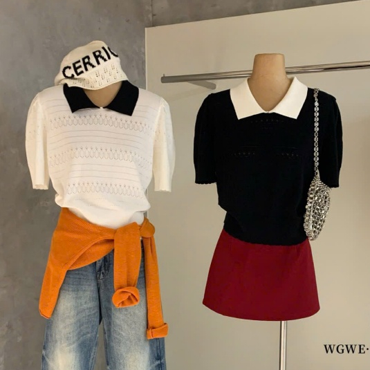 WGWE• เสื้อสเวตเตอร์โปโล mtg สีพื้นผสมสีคอปก 8292 wgwe สินค้า QC ฟรีไซส์