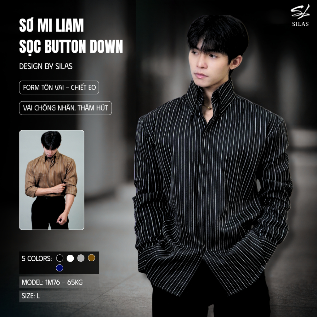 (แบบไหล่) SILAS LIAM เสื้อเชิ้ตลายคอปกผ้าฝ้ายข้ามปุ่มปกปิดเอวผู้ชาย - ASL25