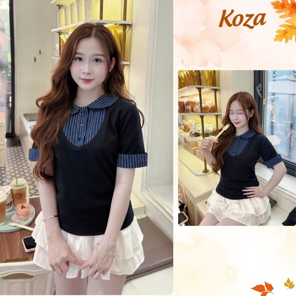 ( TOP BEST SELLER ) เสื้อยืดเข้ารูปคอปกลายสก๊อตสไตล์เกาหลีหรูหรา AOT032