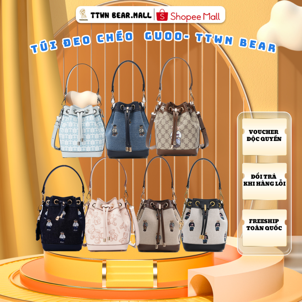 GUOO ของแท้ - TTWN BEAR canvas BEAR กระเป๋าทรงถังลาย