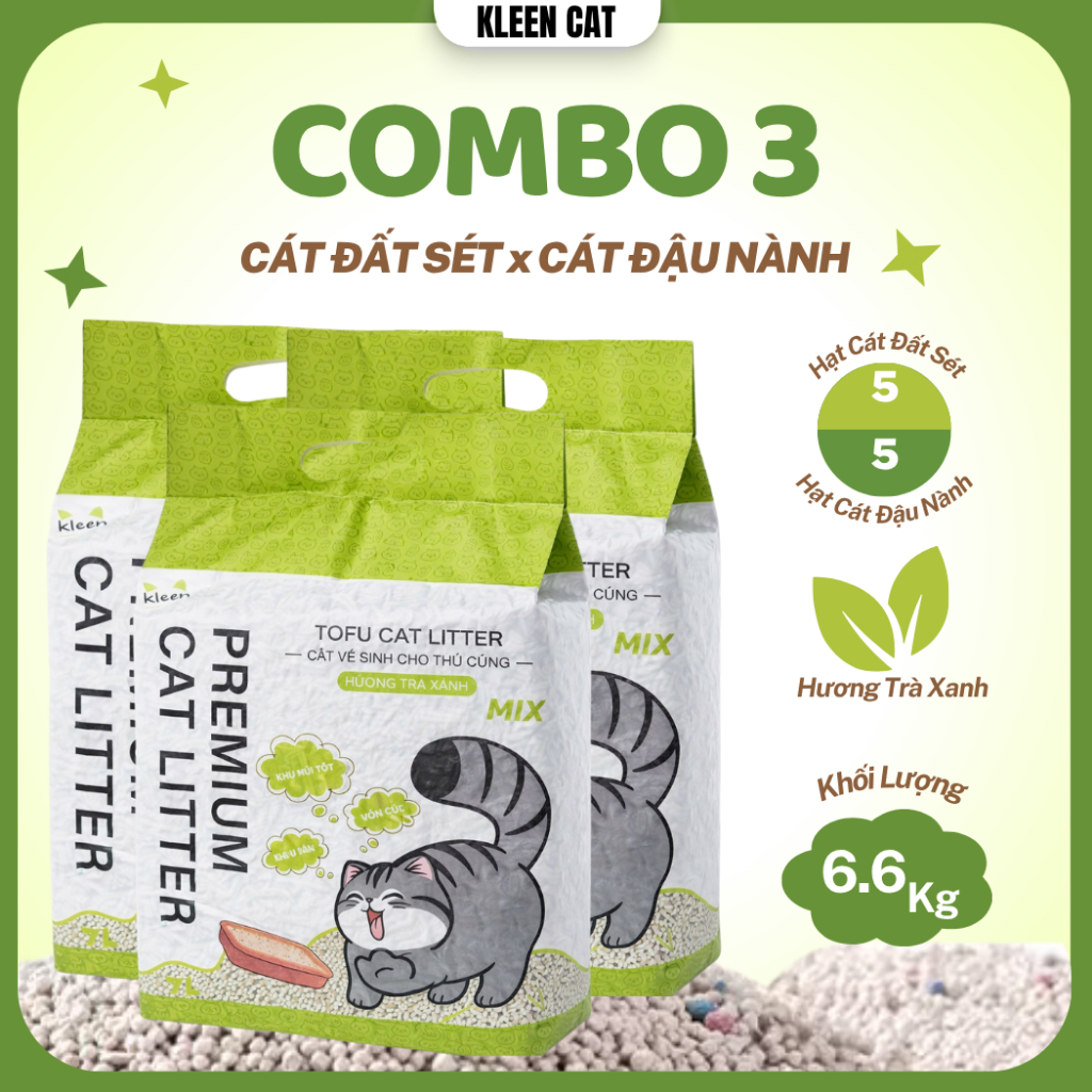 [MIX] Combo 3 ถุง Soy Sand ผสม Kleen Cat Clay 6.6KG เครื่องกําจัดกลิ่นที่มีประสิทธิภาพ