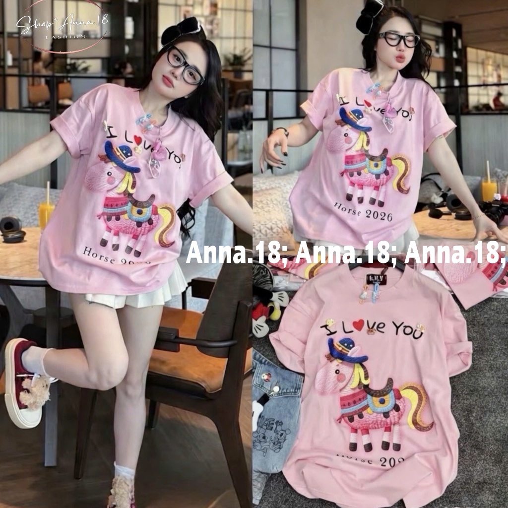 (GIVE HAIR CLIP _ HORSE _ I LOVE YOU ) เสื้อยืดผ้าฝ้ายพิมพ์ลาย 4 ทิศทาง (HORSE _ I LOVE YOU) MEDIUM 