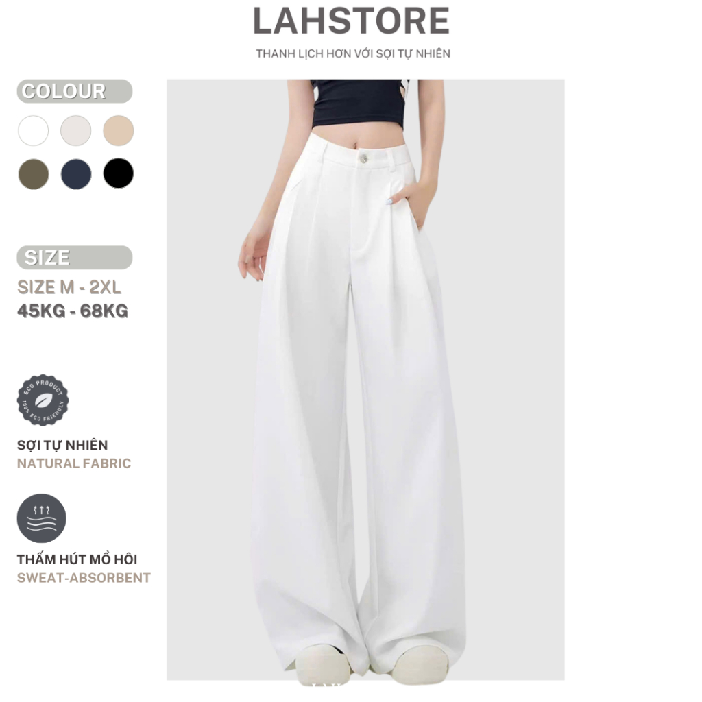 LAHSTORE กางเกงผ้าลินินดิบขากว้างเอวสูง QD10 (สีขาว, เกลือและพริกไทยเบจ, ดํา, สีน้ําเงินเข้ม, มอส)