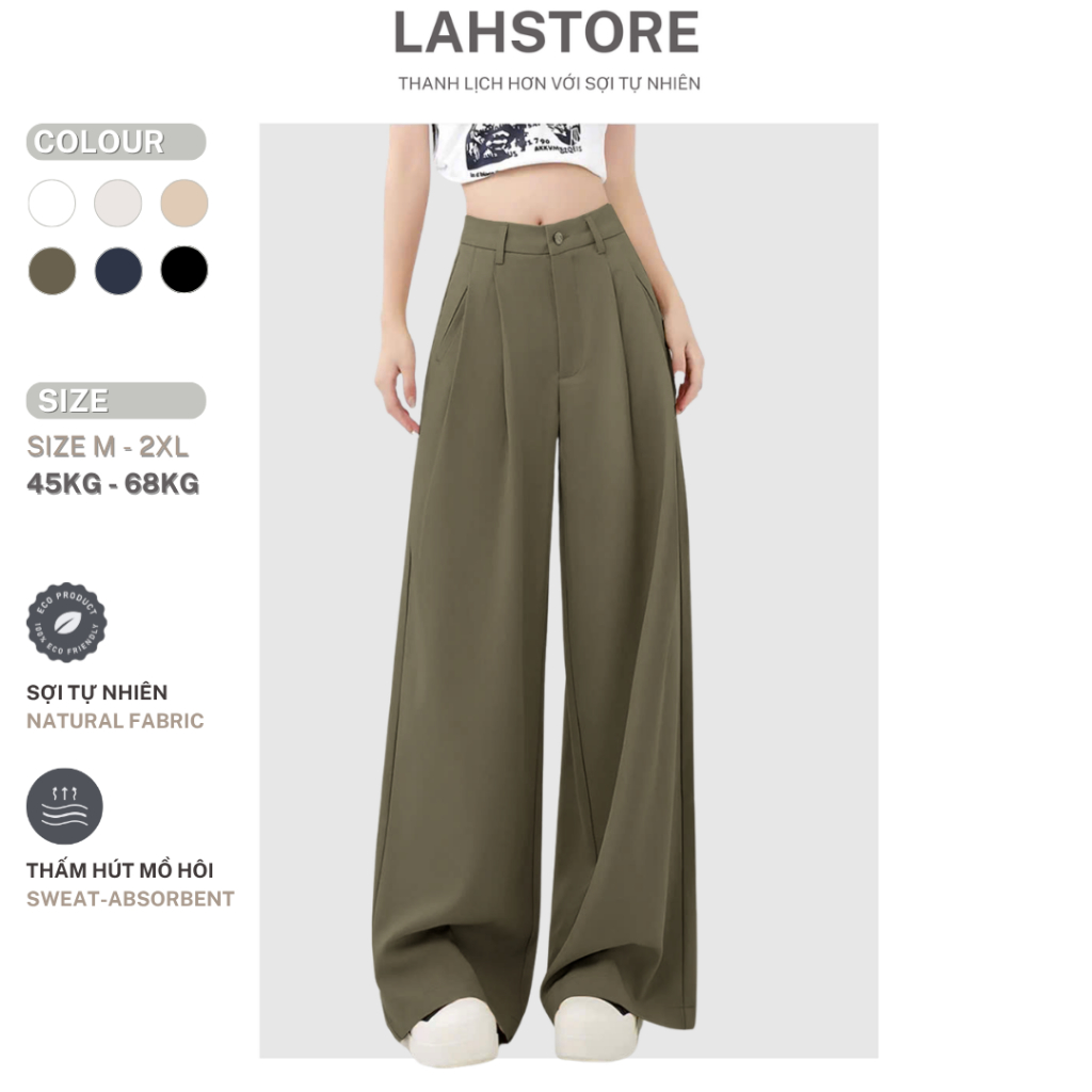 LAHSTORE กางเกงขากว้างผ้าลินินดิบเอวสูง QD10 (Moss Green, Beige, Black, White, Dark Blue)