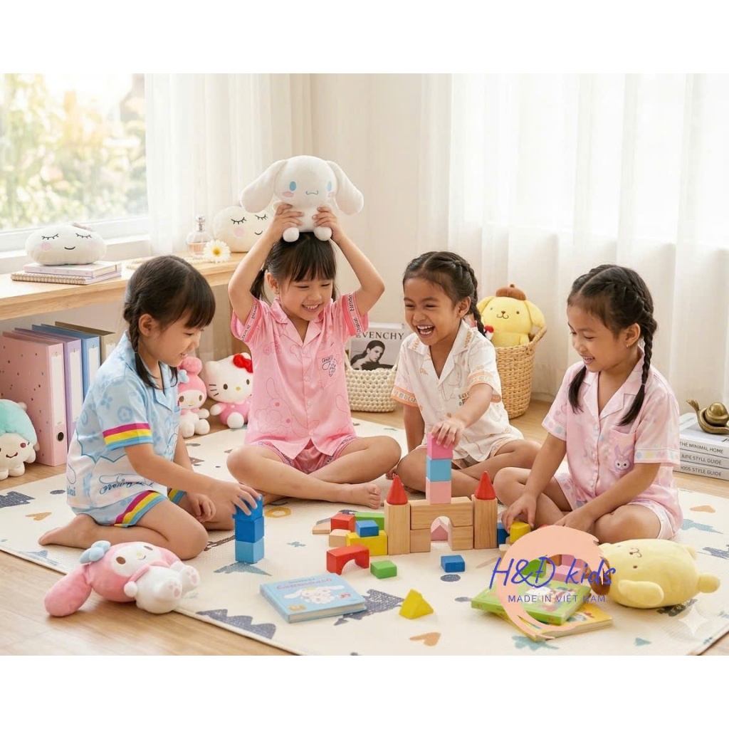 ชุดนอนแขนสั้นผ้าไหมหม่อนคุณภาพสูงพิมพ์ลาย 5D สําหรับเด็กผู้หญิง-H&D KIDS
