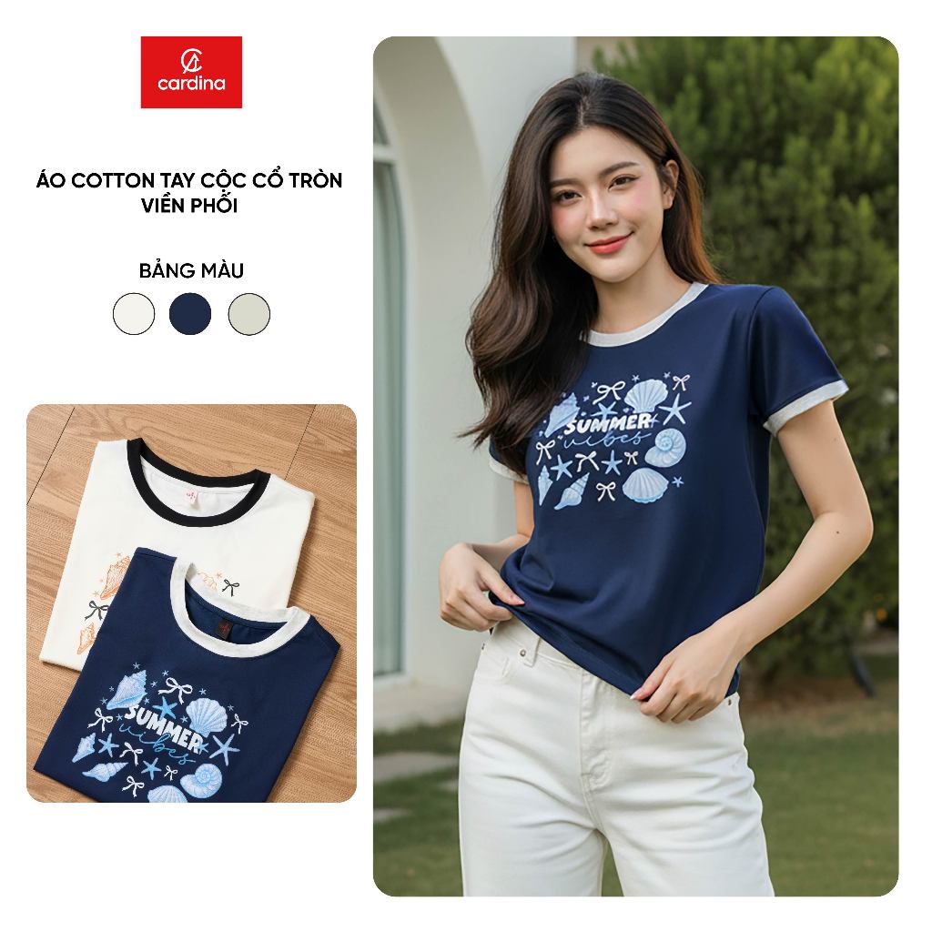 CARDINA เสื้อยืดผู้หญิง ผ้าคอตตอนแขนสั้นคอกลมและตัดแต่ง 6ATC21
