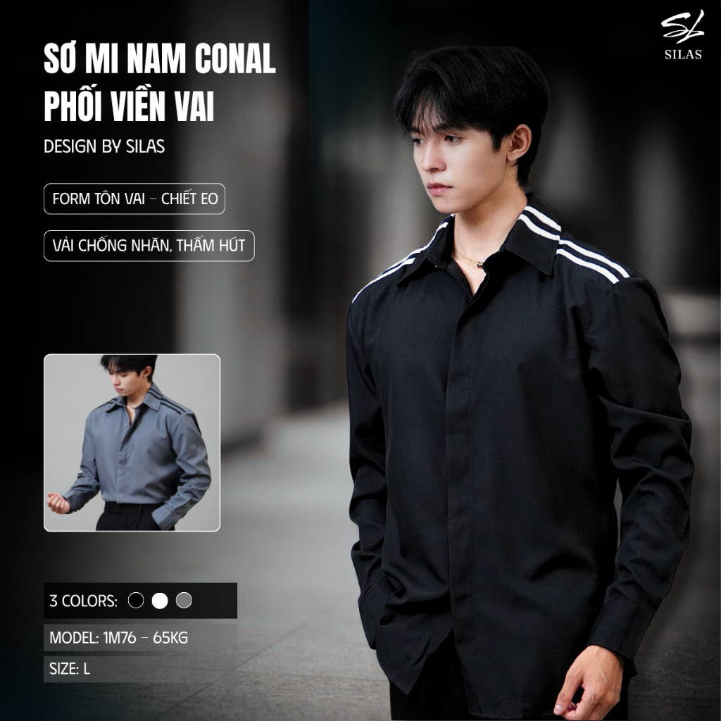 (ทรงไหล่) SILAS CONAL S01 เสื้อเชิ้ตชายไหล่ธรรมดา - คอปกไขว้ผ้าฝ้ายผู้ชายพร้อมปุ่มหลวม - ASL48
