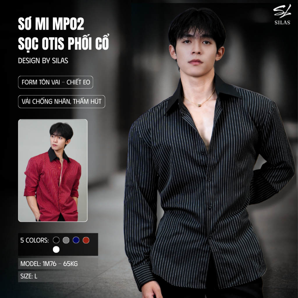 (ทรงไหล่) SILAS MP02 Otis เสื้อเชิ้ตลายคอปกสีดําสําหรับผู้ชายผ้าฝ้ายเอวไขว้ - ASL24
