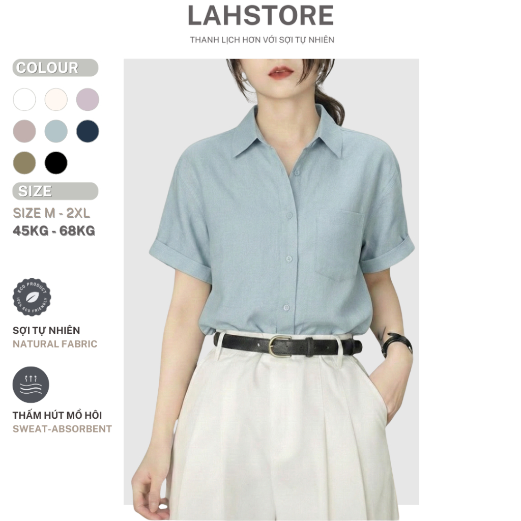 LAHSTORE เสื้อเชิ้ตแขนสั้นผู้หญิงทรงหลวมผ้าลินินมีกระเป๋าอก 1 กระเป๋า ASM07 (สีฟ้า, ชมพู, เบจ, ดํา, ขาว, ม่วง)