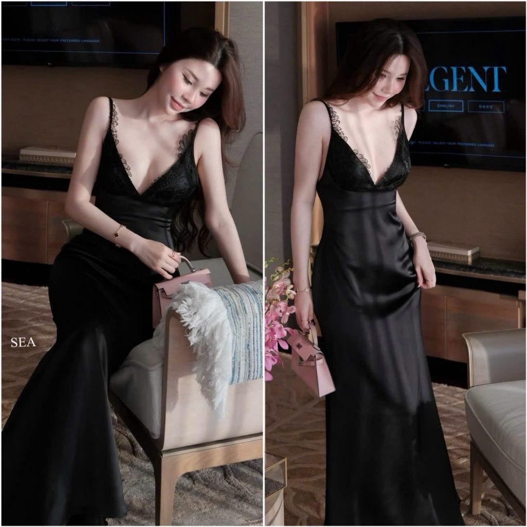 LYN- V-NECKLACE TWO-STRING DRESS WITH BLACK LACE คุณภาพสูง RK LONG ชุดสตรี
