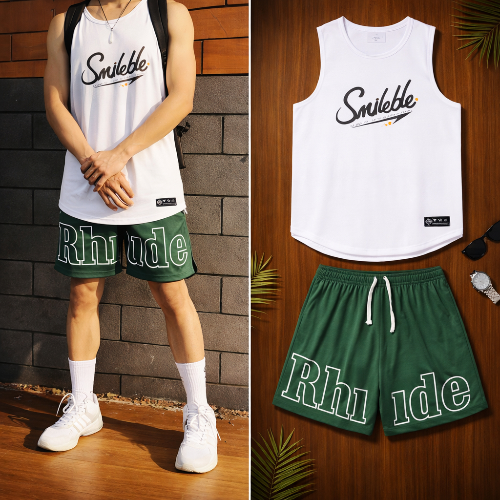 ชุดกีฬาผู้ชาย Rhude – เสื้อกล้าม + กางเกงขาสั้นหลวม Ulzzang วัสดุงายืดหยุ่นรูเข็มยิ้ม