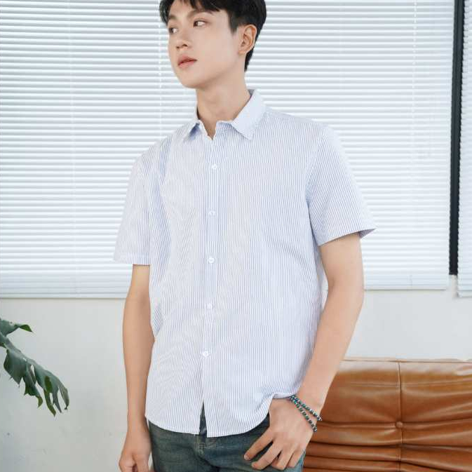 Local Brand Unisex Form Oversize Plaid Short Sleeve Shirt 3 สี น้ําเงิน ชมพู เทา ABandon A8