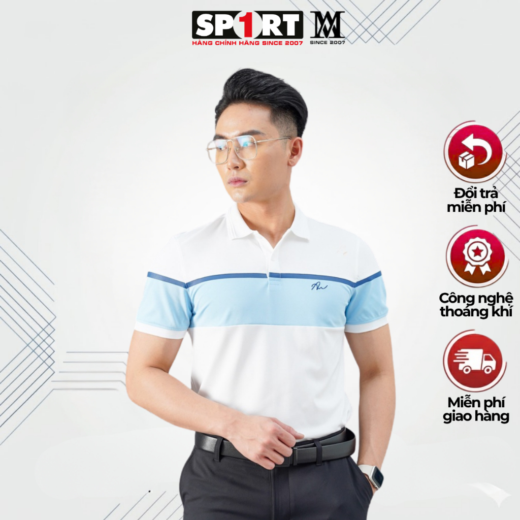 AM SPORT1 PLM235 เสื้อยืดคอปกผู้ชายดูดซับเหงื่อ, เสื้อยืดโปโลผู้ชายลายทางหรูหรา