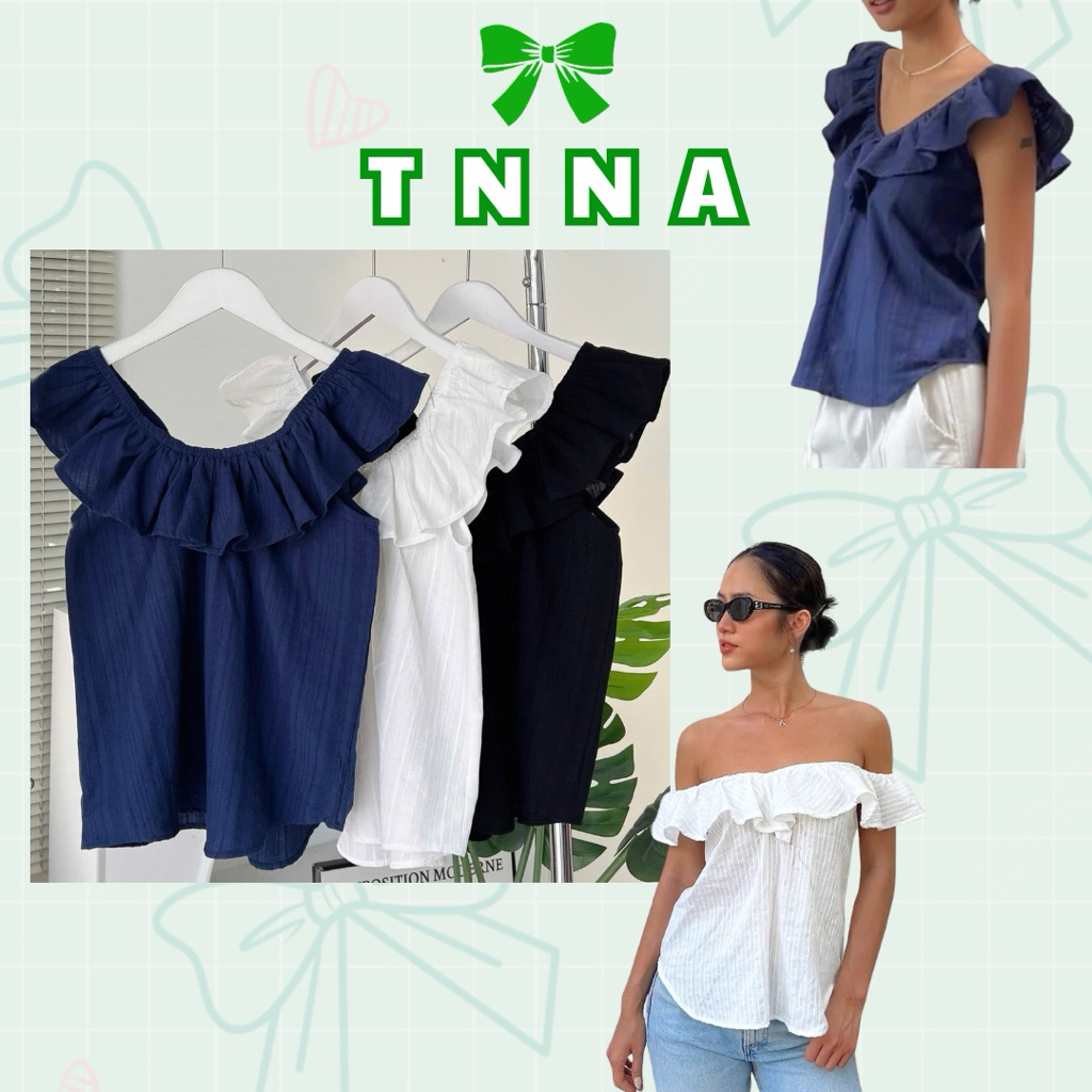 TNA_Lady เสื้อปาดไหล่จับจีบ เสื้อคอปกยางยืดเปิดไหล่ของผู้หญิงทําจากผ้าฝ้ายปักลายพื้นฐาน