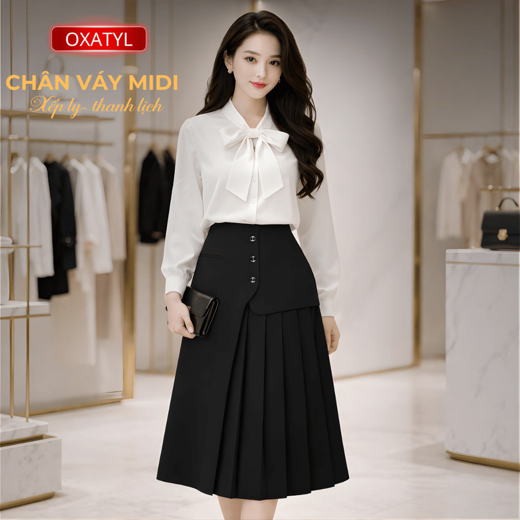 OXATYL V012 Midi เอวสูง Elegant ยาวกระโปรงจีบ Office Lady สวยรูปแบบคอนซีลเลอร์