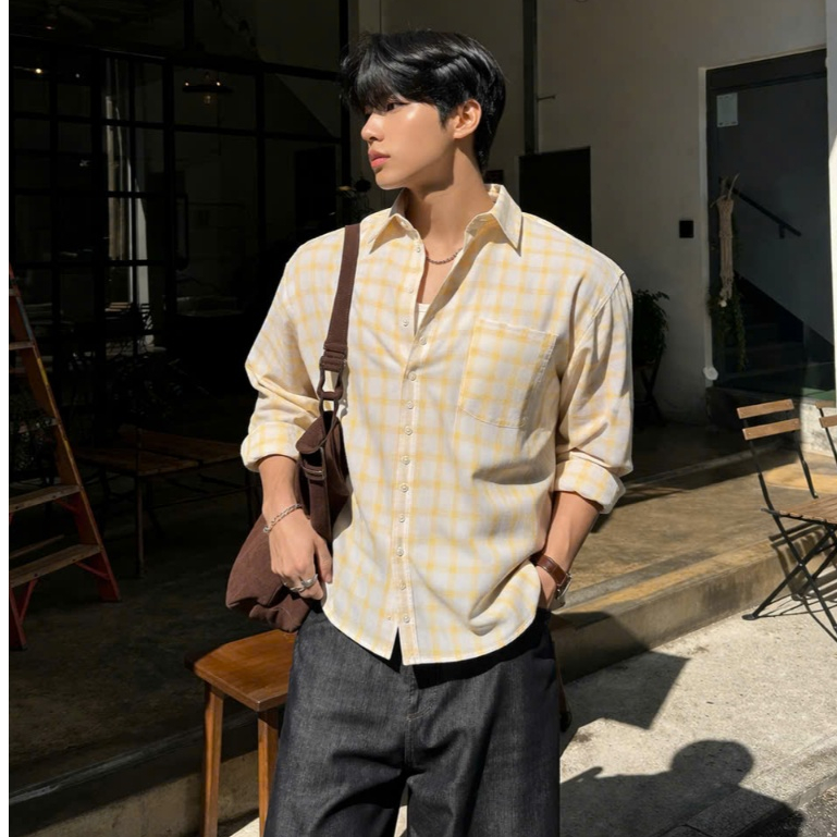 Halley เสื้อเชิ้ตลายตารางหมากรุกผู้ชายเกาหลี - เสื้อเชิ้ตแขนยาวหลวมแจ๊กเก็ตสําหรับ Cafe Streetwear A