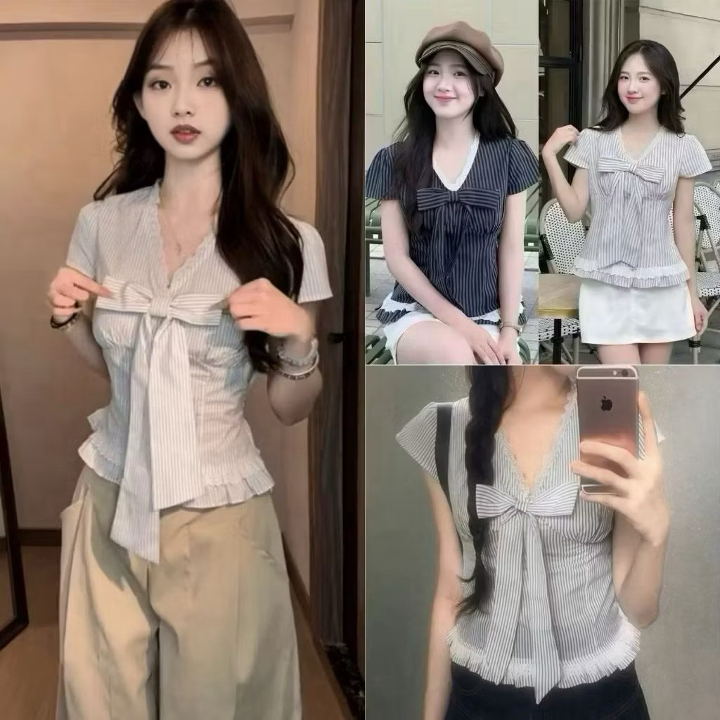 LUMI BOUTIQUE SMS565 เสื้อคอเต่าลูกไม้ลายสก๊อตสไตล์โบว์ใหญ่ที่หน้าอก