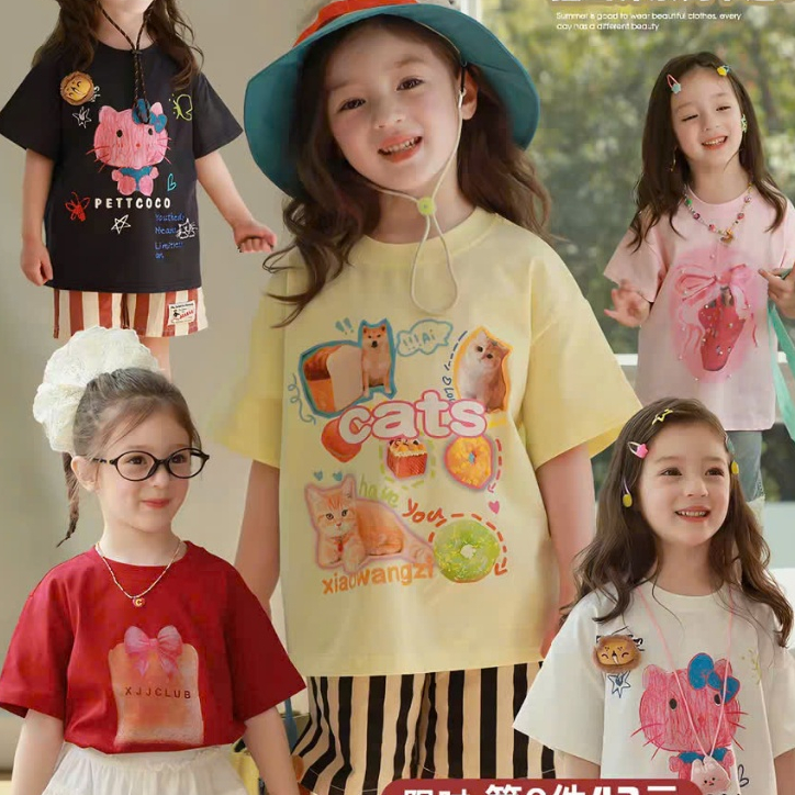เสื้อยืดแขนสั้นเด็กผู้หญิง Summer 2026 พิมพ์ลายเด็ก JULY ผ้านุ่มขนาด 9 ถึง 37กิโลกรัม