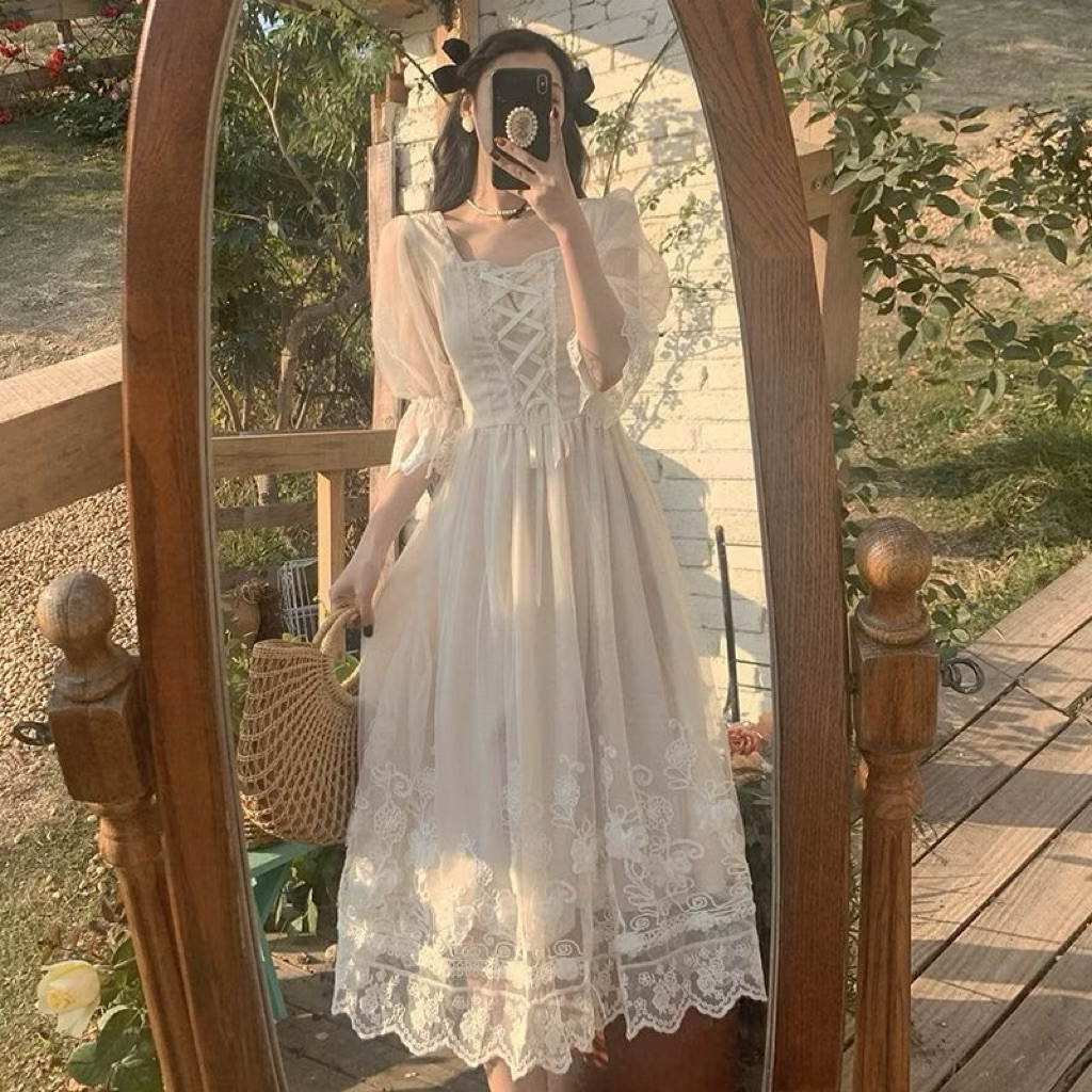 VINTAGE CLASSIC FRENCH ULLZANG LONG WHITE DRESS - LONG PARTY DRESS - LLITA DRESS - PROM PARTY DRESS