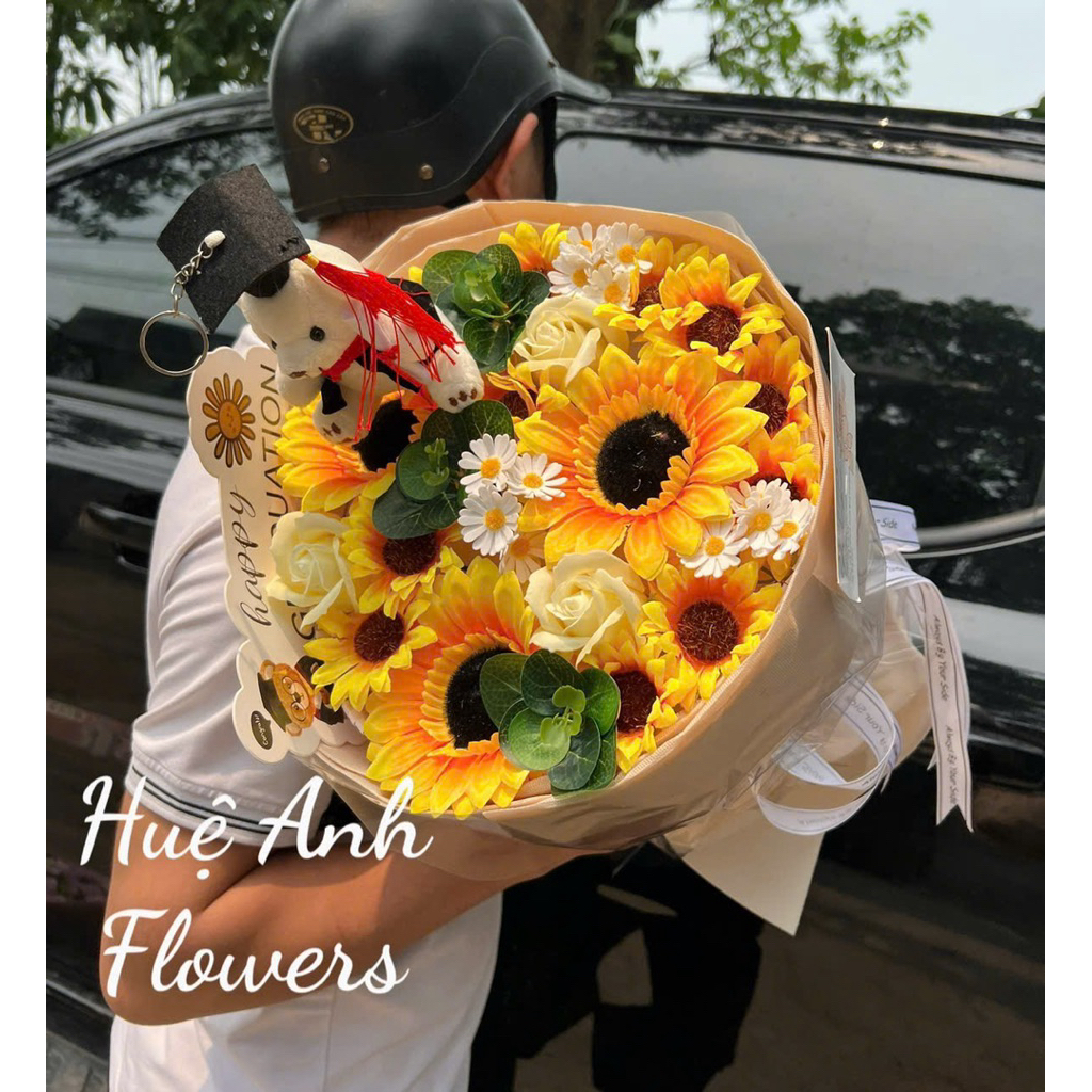 SUNFLOWER BOUQUET สําหรับ WEAK PHOTOS + BEAR 13CM (TANA CHrysanthemum WAX MIX HD SILK 2 ขนาด) โฟมกลม