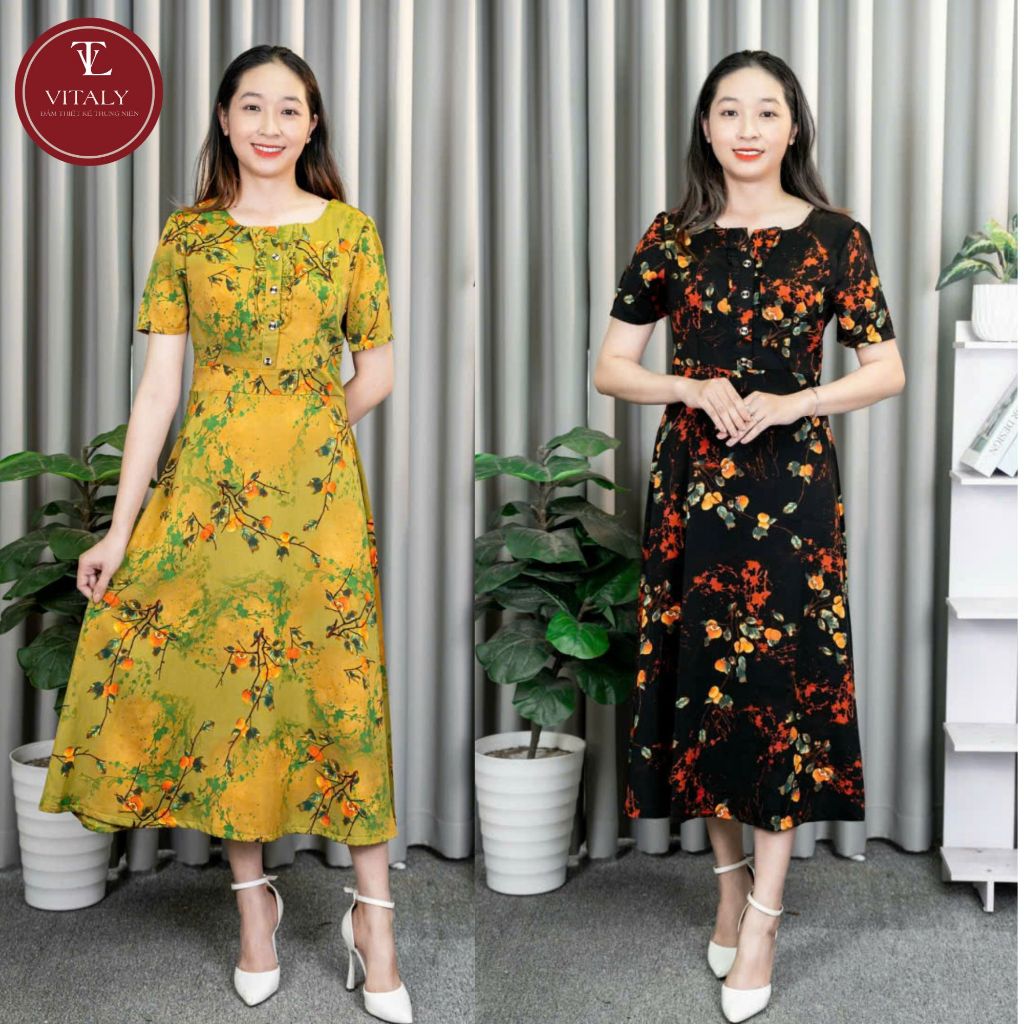 VITALY Luxury Middle-Aed Dress ชุดสวยสําหรับแม่ออกไป ปาร์ตี้ ท่องเที่ยว ยาว ตรง V50 ตั้งแต่ 40,50 ปี