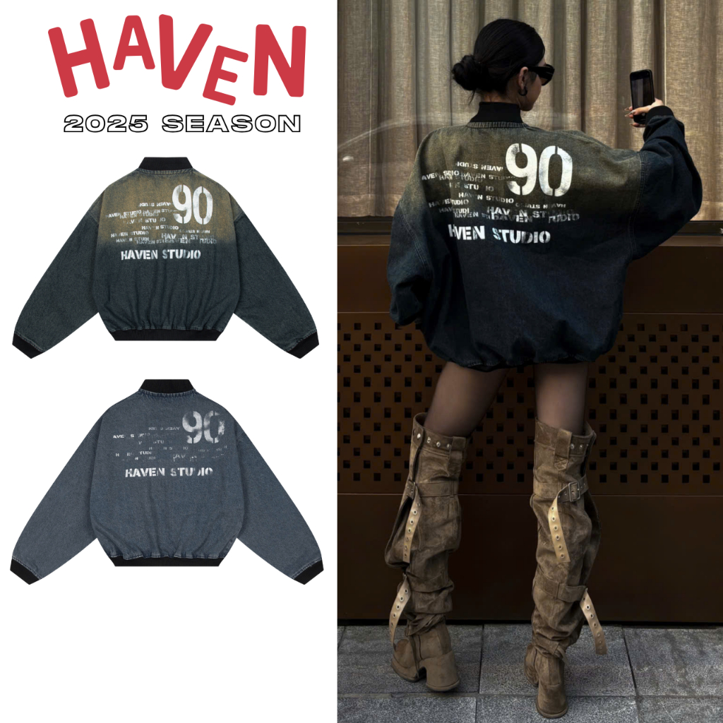 Haven Studio กางเกงยีนส์ Bomber Jacket หลวมรูปแบบล้างกางเกงยีนส์สําหรับผู้ชายและผู้หญิง Streetwear ส